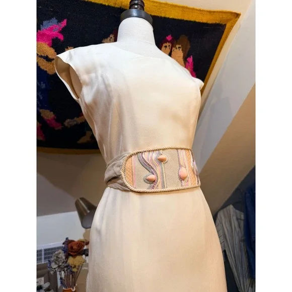 Christy Rilling Studio Cream Silk Wrap Back Sheath Dress Ivory Cap Sleeve - Picture 8 of 9